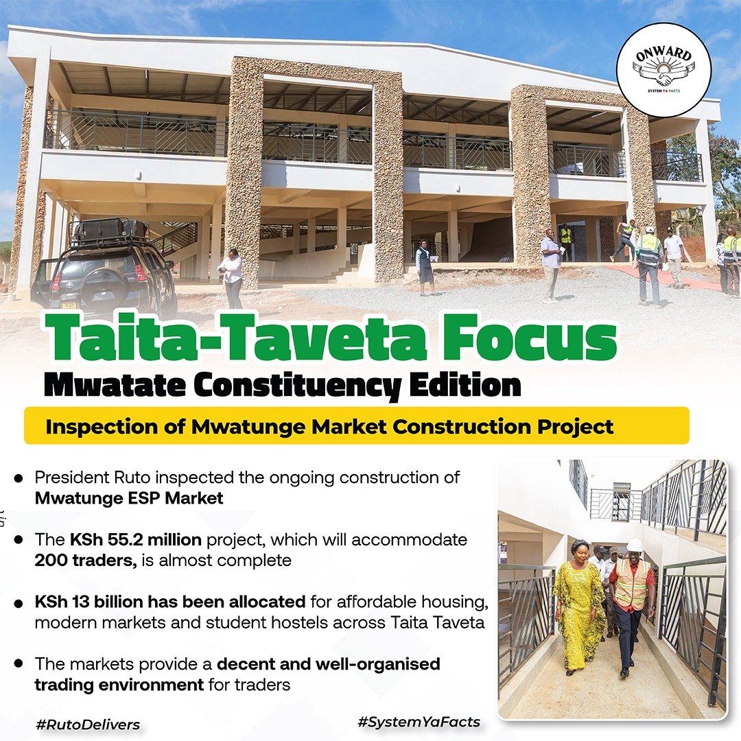 Wamkazini's tweet photo. President Ruto inspected the ongoing Mwatunge ESP Market construction in Mwatate, a KSh 55.2 million project almost complete and set to accommodate 200 traders in a decent trading environment. #TaitaTavetaFocus. https://t.co/7e8KhiCmzJ