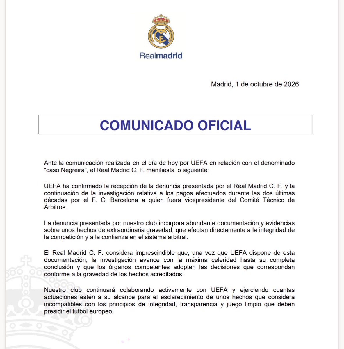 NachitoTV's tweet photo. Comunicado del Real Madrid tras la recepción de la UEFA del dossier Barça-Negreira 👀⚖️ https://t.co/wRX36wP1Ln