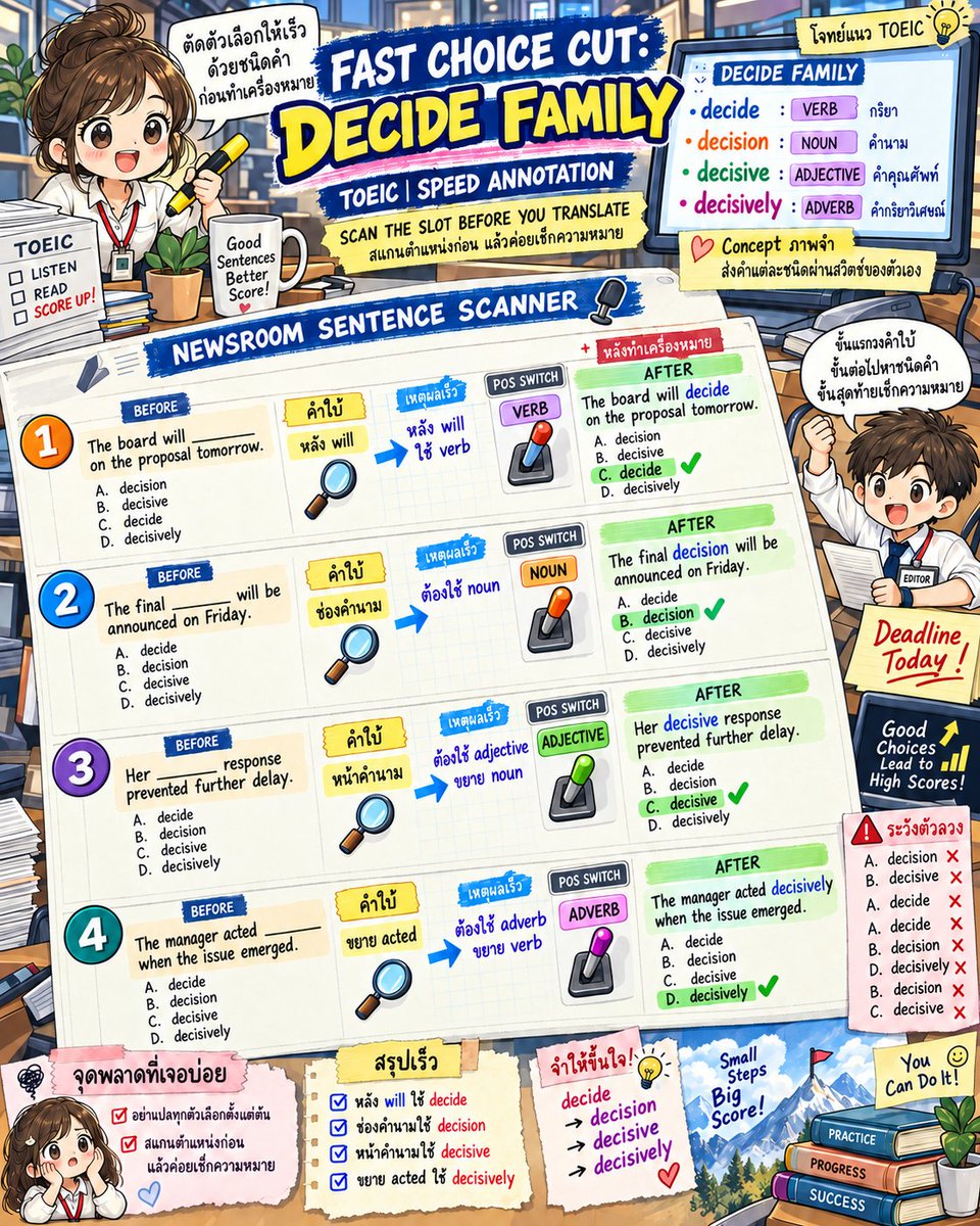 EngnowThailand's tweet photo. decide verb, decision noun, decisive adjective, decisively adverb สแกนตำแหน่งก่อน แล้วค่อยเช็กความหมายและ collocation #Engnow #TOEICVocabulary https://t.co/toGWDXPokK
