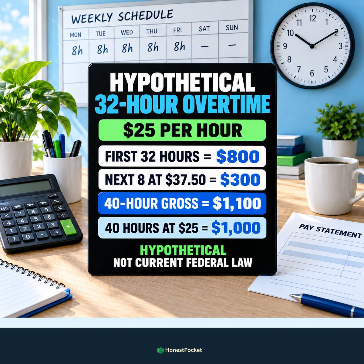 HonestPocketHQ's tweet photo. Hypothetical: 32×$25 + 8×$37.50 = $1,100 gross vs. 40×$25 = $1,000. Current general federal FLSA overtime for covered nonexempt workers starts after 40 hours. #HonestPocket #Overtime #PaycheckMath #CareerMoney #MoneyMath https://t.co/UOlv7xjNyZ