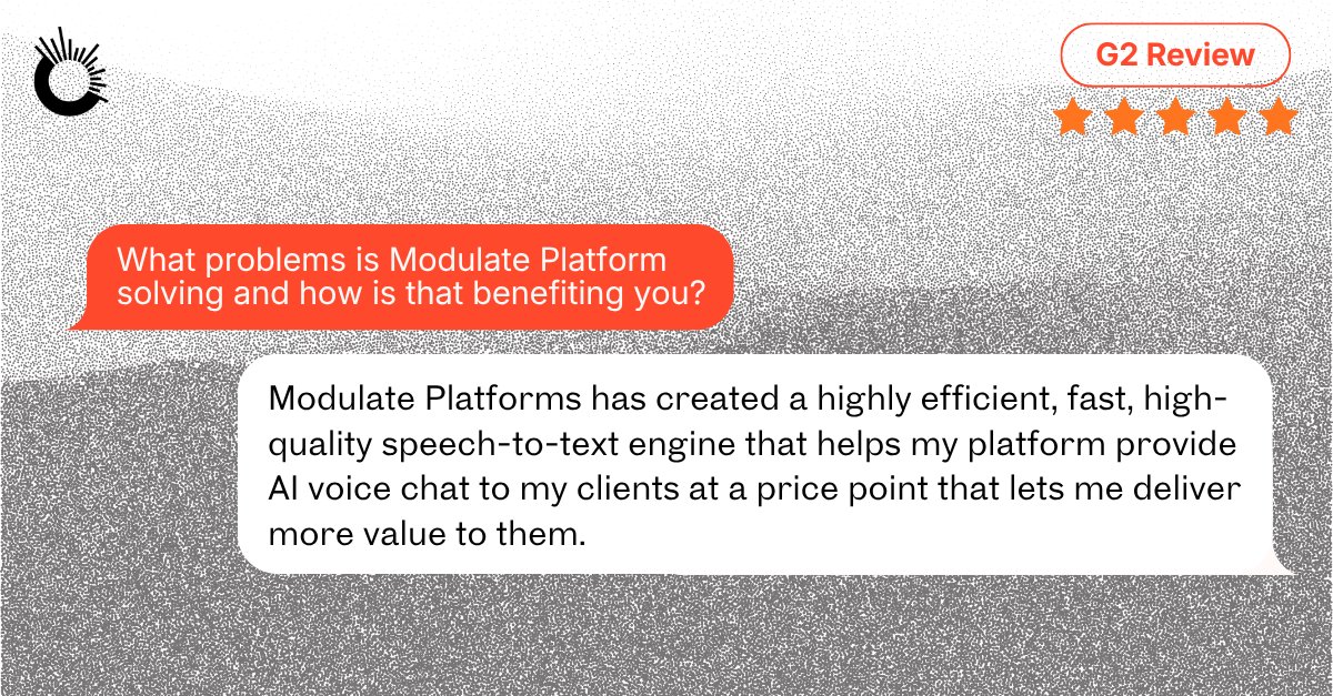 modulate_ai's tweet photo. What does a small IT services team actually need from a speech-to-text API?

Speed. Accuracy. A price that doesn't eat the margin.

One G2 reviewer found all three with Modulate Transcribe:
⭐ 5/5 "Modern, Cost-Efficient STT with a Standout Feature Set"

They are now using it to power AI voice chat for their own clients - at a price point that lets them deliver more value downstream.

Start building with our API today 👇
