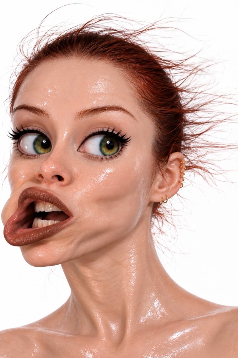 A close-up beauty shot of a woman with wet reddish hair, glossy skin, and dramatic green eyes, with her mouth open in an expression of surprise.