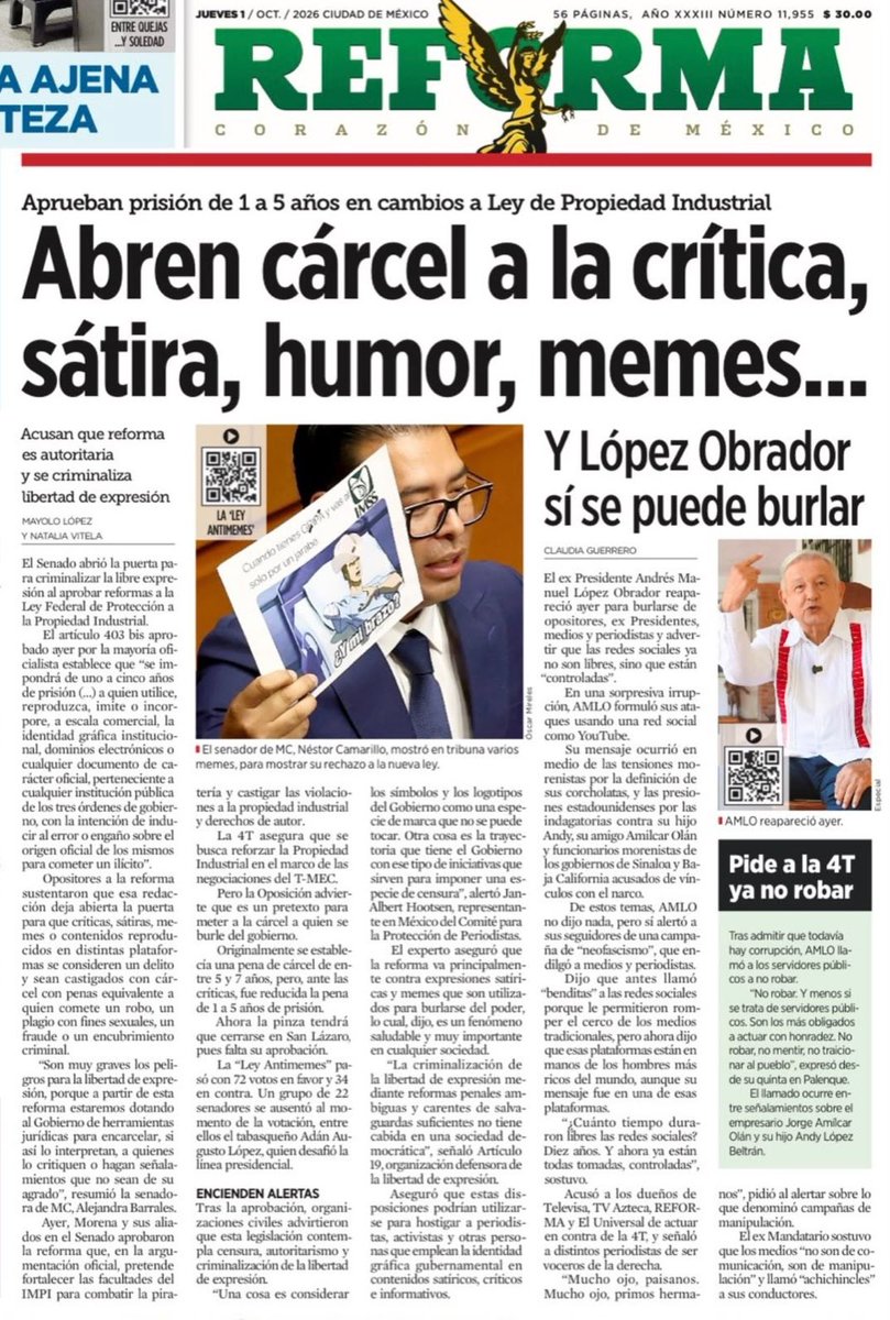 AdrianaDavilaF's tweet photo. Censura oficial: la sátira y el humor ahora serán delito. El autoritarismo ya está aquí. 

@Reforma https://t.co/voMfALZxtF