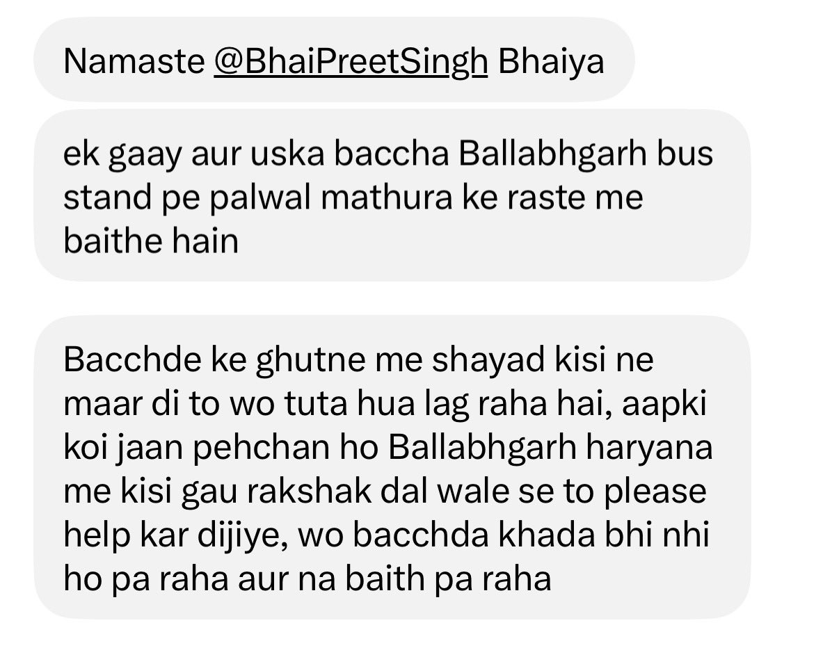 BhaiPreetSingh's tweet photo. Urgent Rt

कृपया सड़क से हटा कर गौमाता को सुरक्षित स्थान दें 

@sdm_ballabgarh @cmohry @police_haryana @FBDPolice @DGPHaryana https://t.co/NvLSLRq4hg