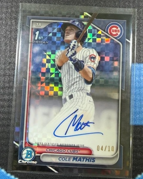 gradencardsllc's tweet photo. Cole Mathis 1st Bowman Auto /10 — Black Geometric is as rare as it gets. $539, just restocked. Live now at https://t.co/qvoPnBVDJO #sportscards #bowmanchrome #baseballcards https://t.co/tbBV6tmIDR