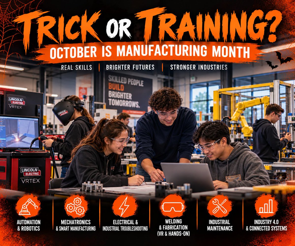 Tech_Labs's tweet photo. 🎃 Trick or Training?

October is #ManufacturingMonth—and today’s manufacturing careers are powered by robotics, automation, mechatronics, welding, electrical systems &amp; advanced technology.
Give students the hands-on skills industry needs.

#TrickOrTraining #CTE #Manufacturing https://t.co/W8Z2PQQm83