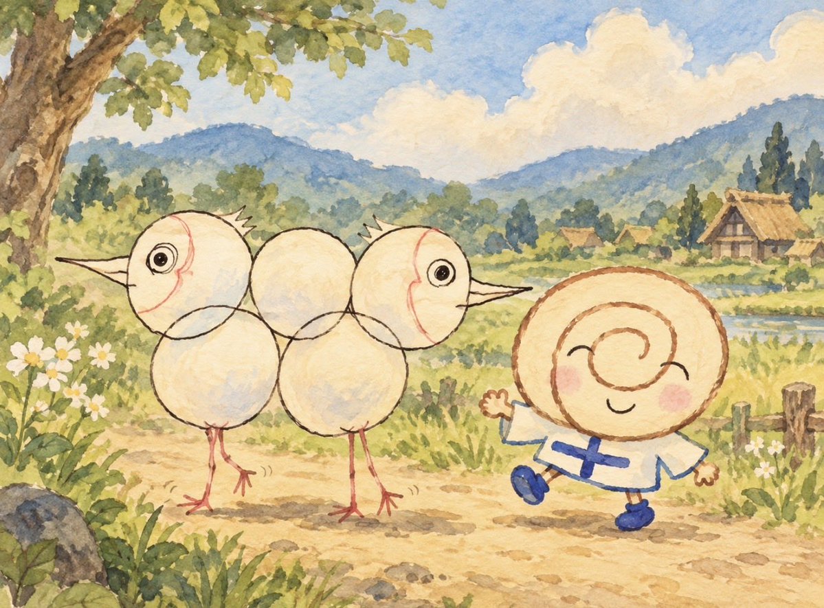 risanyan32's tweet photo. 一枚目　
私が昔に描いたオリンピックのエンブレム

二枚目
姉が描いた、たぶんパン系のキャラ

三枚目　　
AIが日本昔話風にしてくれました

めでたしめでたし https://t.co/dZo9hK9yBS