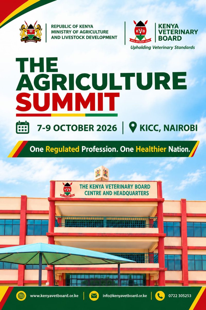 VetBoardKE's tweet photo. Be part of the conversation. Join us at the Agriculture Summit 2026, 7–9 October at KICC, Nairobi, and help shape the future of Kenya’s food systems.

#UpholdingVeterinaryStandards 
#AgricultureSummit2026 #FoodSystemsTransformation https://t.co/zlY5wUoS6l