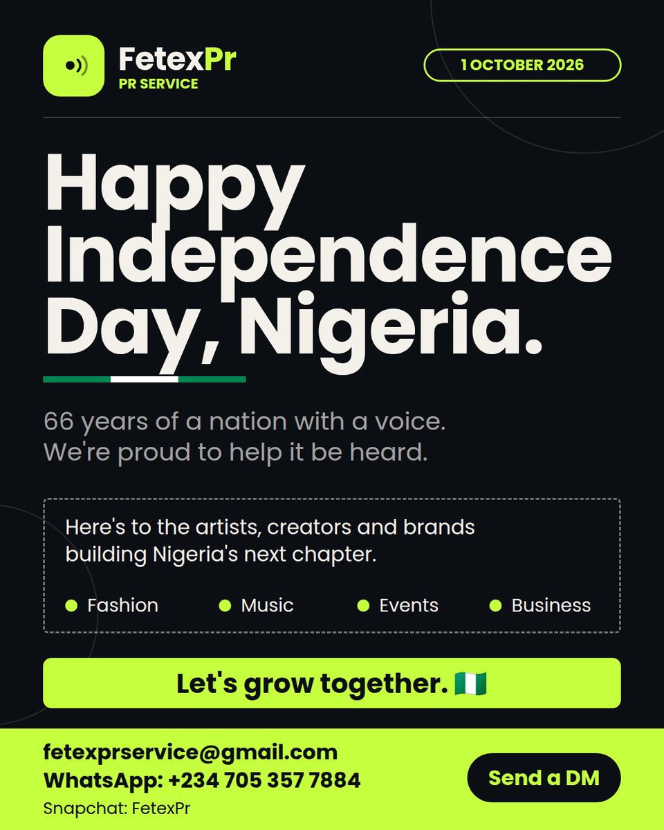 fetex_pr's tweet photo. Happy Independence Day, 🇳🇬 ! Here's to the artists, creators and brands building our next chapter, and we're proud to help every one of them be heard.✨🔥#marketing #BrandStrategy #music #event https://t.co/ijwAhwHtEV