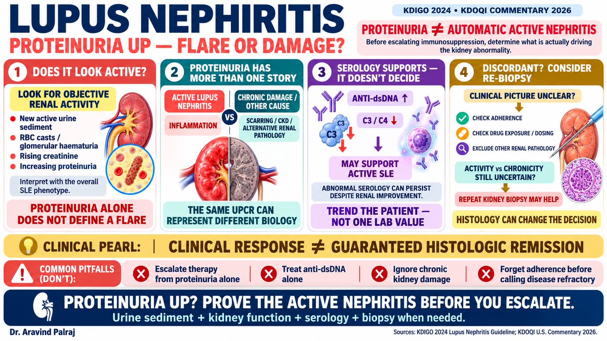 Rheumat_Aravind's tweet photo. Proteinuria up in lupus nephritis? Don’t assume flare.

Active nephritis, chronic damage, adherence issues, or another renal process can look similar.

Prove the activity before escalating immunosuppression.

#Rheumatology #Nephrology @IhabFathiSulima https://t.co/EXUXQjeJVS