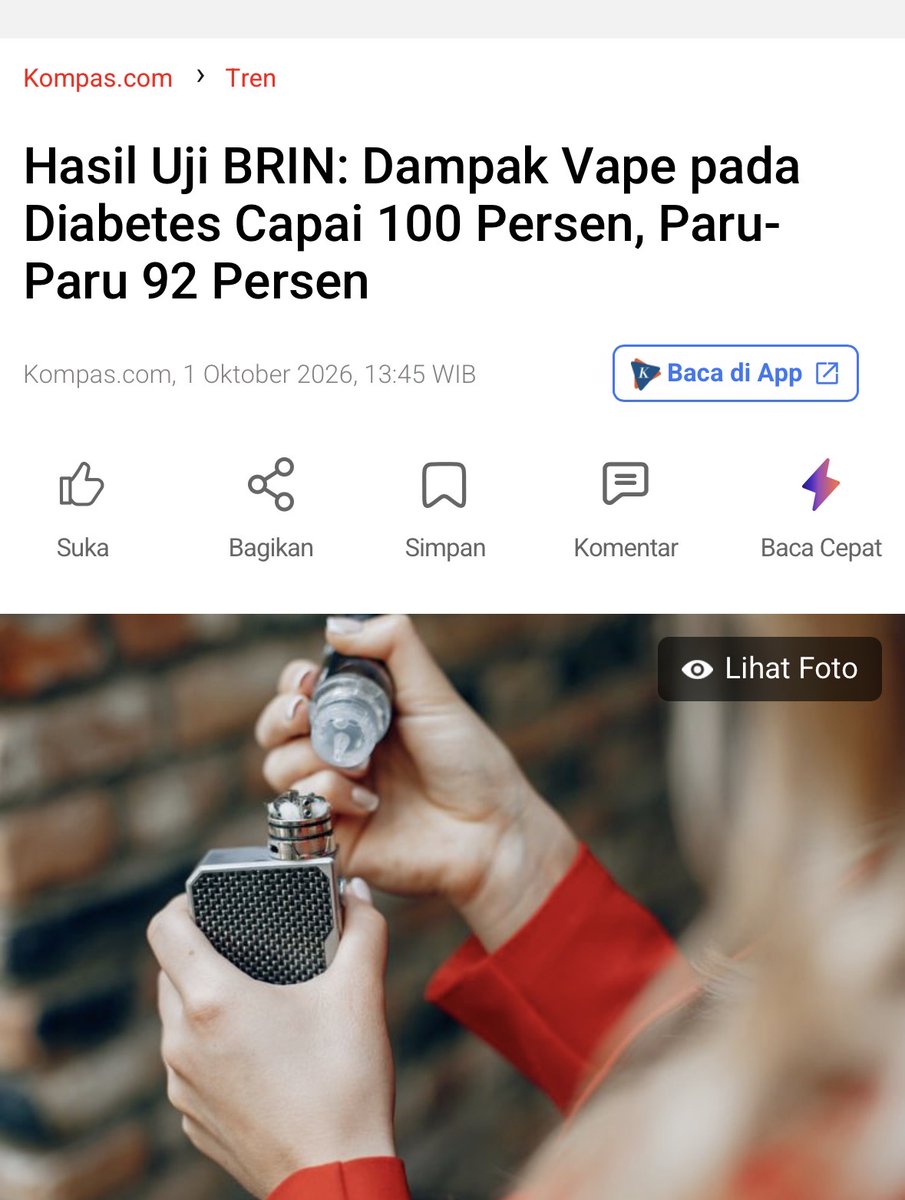 AdamPrabata's tweet photo. Gak cuma di Indonesia, penelitian di Korea Selatan pada 400.000an orang juga menunjukkan hal yang sama.

Emang ada peningkatan risiko terjadinya diabetes mellitus pada orang yang rutin nge-vape, kalo di Korsel risikonya 15% lebih tinggi.

Ini yang di Indonesia nampaknya lebih tinggi ya.
Semoga segera keluar paper ilmiahnya!