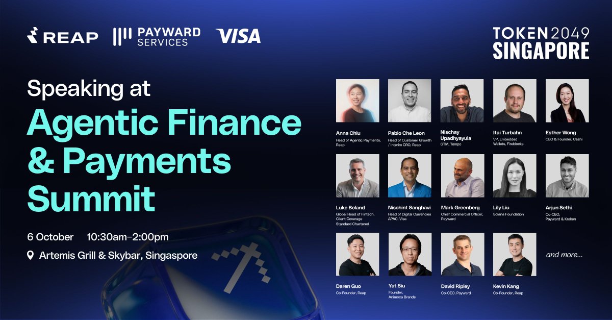cashi's tweet photo. Before @TOKEN2049, our CEO &amp; Founder @sterwong will be speaking at the Agentic Finance &amp; Payments Summit on October 6.

Joining leaders from @Visa, @Reapglobal, @Payward and more to talk about what’s next for finance and payments.

See you there 👋 https://t.co/4zbkN95c9R