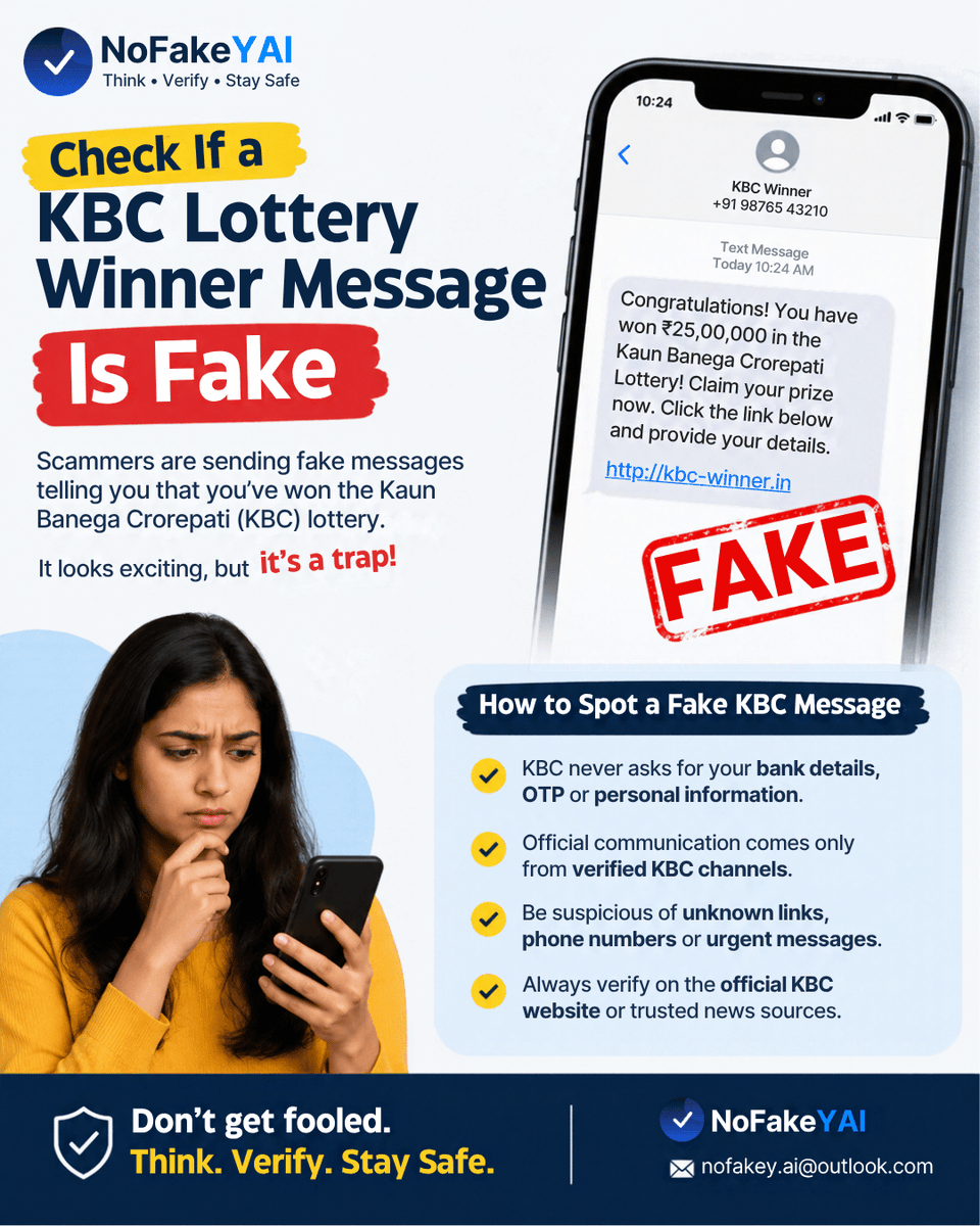 nofakey_ai's tweet photo. KBC Lottery Winner Message? Stop &amp; Verify!
Fake lottery messages may promise huge prizes and ask for personal details, OTPs, or payments. Don’t click suspicious links. Verify before you trust.
Think. Verify. Stay Safe.
#NoFakeYAI #ScamAlert #KBCScam #LotteryScam #ScamAwareness https://t.co/sHfFW8ZJH6