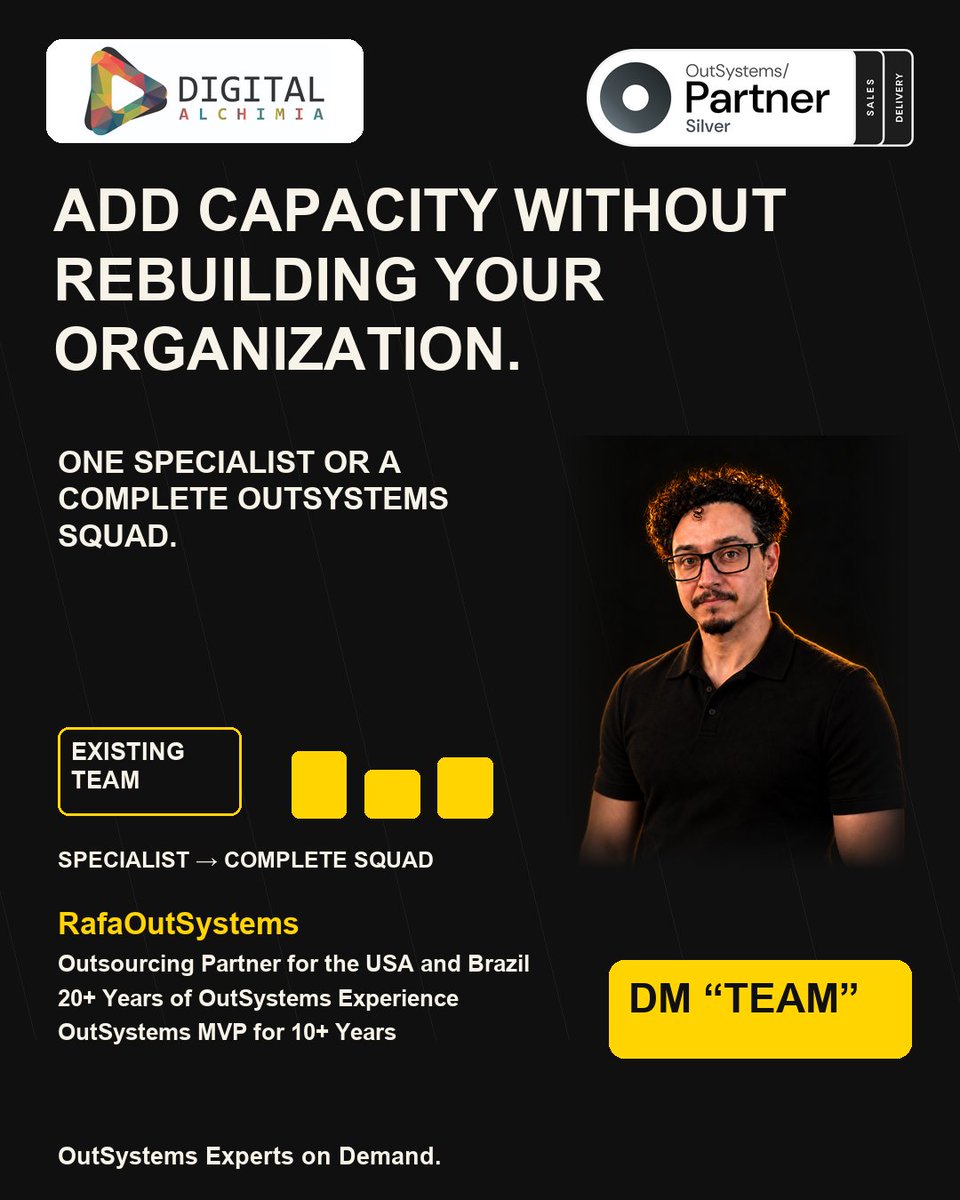 DAlchimia's tweet photo. ADD CAPACITY WITHOUT REBUILDING YOUR ORGANIZATION.
One specialist or a complete OutSystems squad.
DM me TEAM.
#OutSystems #DigitalAlchimia https://t.co/8REBA8aNNn