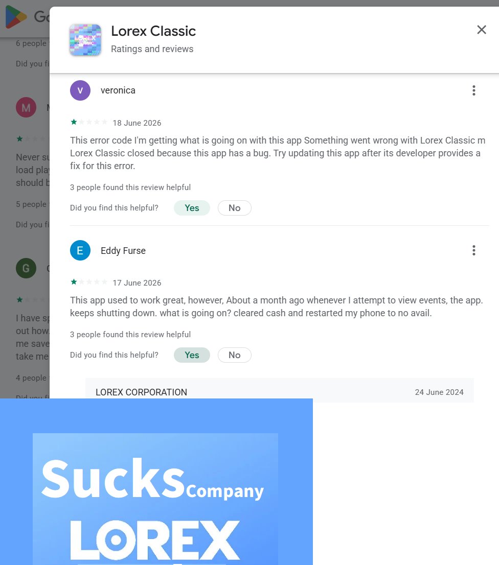 Goolorex's tweet photo. Avoid Lorex due to GooglePlay👎👎{Laurelle I 19 July 2026 whatever you did with this update suck. you need to fix it. never loads. says its offline all the time. playback freezes. what a joke. if I ... sable.}👎(In Sum=>Vicious-Chinese-LorexCorporate)285. 4.914 https://t.co/nzCzfmqlPq