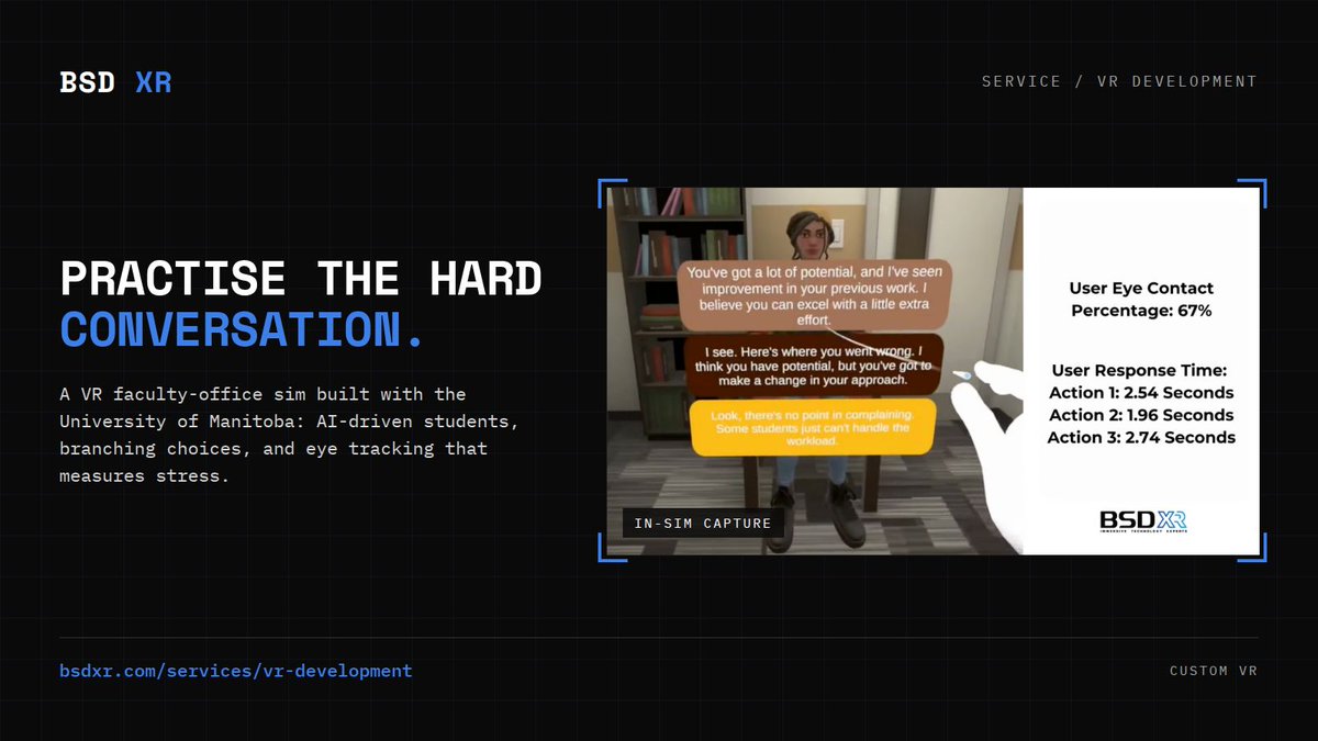 BitSpaceDevelop's tweet photo. With the University of Manitoba we built a VR sim where faculty practise tough student conversations, using branching choices, AI-driven characters, and eye tracking for stress. Custom VR for your scenario: https://t.co/ZVL01D4Jxm #VRDevelopment https://t.co/PRJcBiCaOU