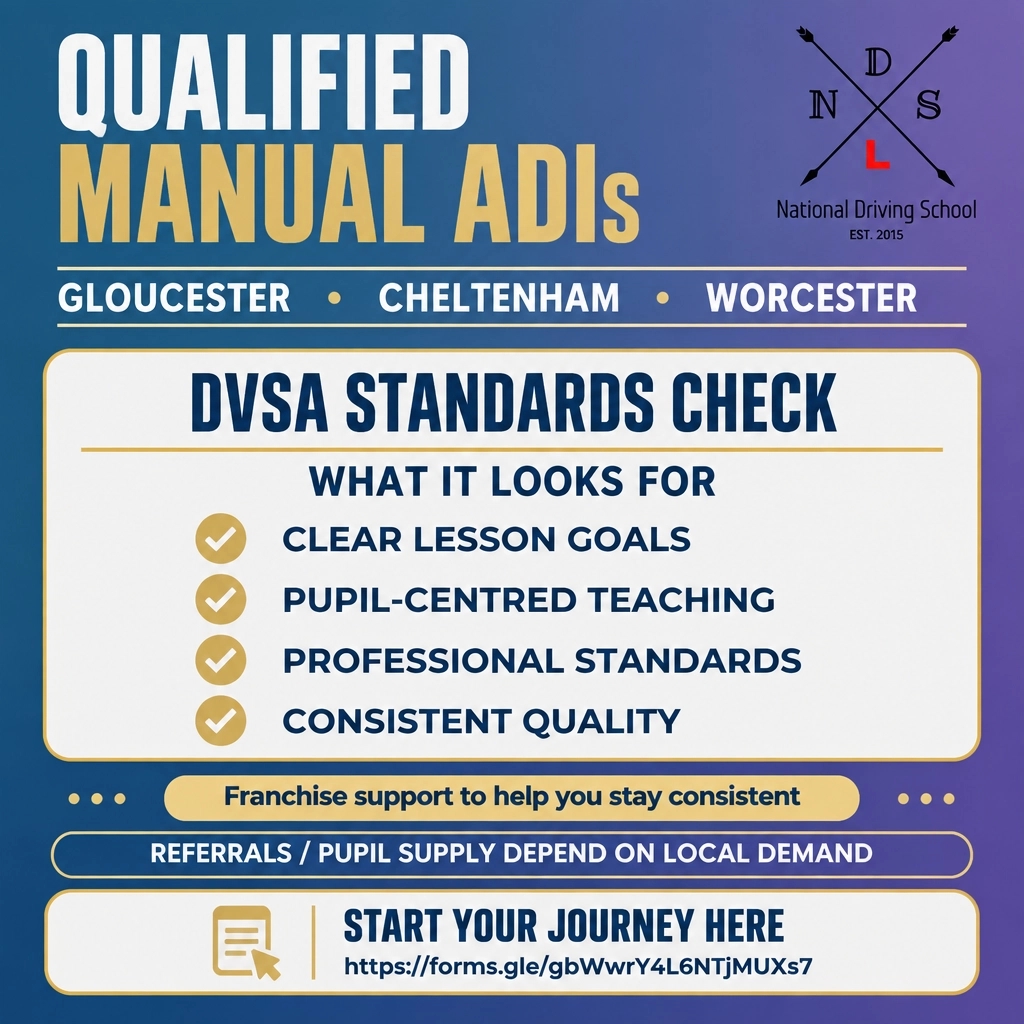 NationalDrivin1's tweet photo. Qualified manual ADIs: DVSA check: goals, pupil-centred, standards & quality. Pupil supply depends on local demand. Start Your Journey Here #ADI #DrivingInstructor #DrivingSchoolFranchise #Gloucester #Cheltenham #Worcester https://t.co/UcIGghqfBR