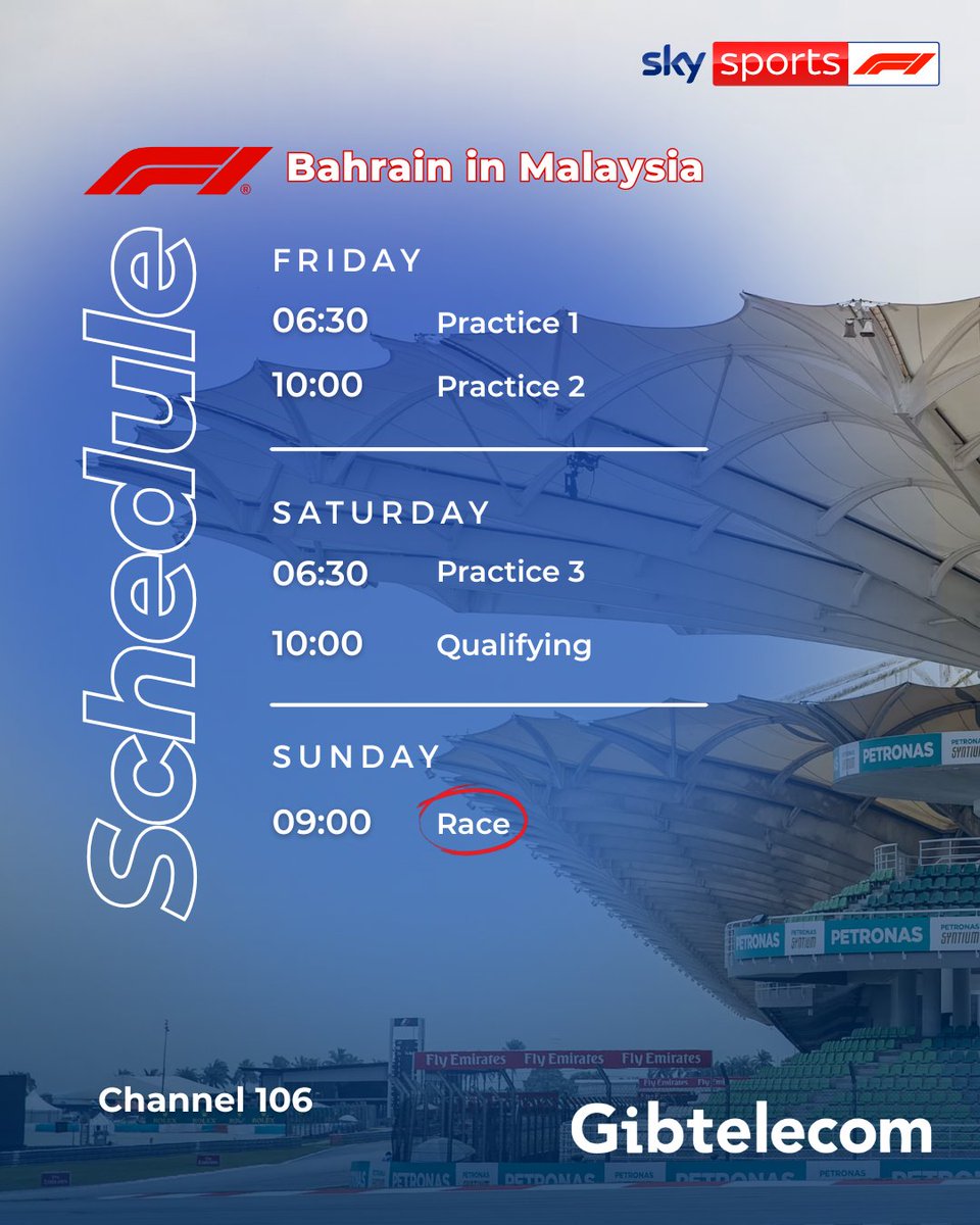 gibtelecom's tweet photo. 🏎️ The Formula 1 Bahrain Grand Prix takes place in Malaysia this weekend 🇲🇾

Known for its fast corners, intense heat and unpredictable weather, the Malaysian circuit is always a true test for drivers. 🏁

Watch every session live on Sky Sports F1 (channel 106) with Gibtelecom TV.

TV + Broadband from £30/month
📞 20052200 | https://t.co/54wly18oK0

#gibtelecomtv #formula1