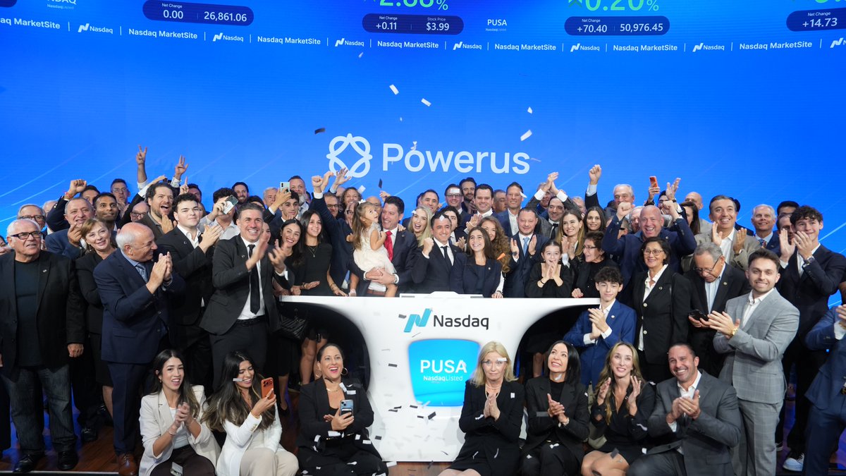 powerus_usa's tweet photo. This morning our team stood in Times Square and rang the @Nasdaq opening bell.

With us were our management team, our board, our employees, and the guests who came out for it. Thank you to every one of them, and to the Nasdaq team for hosting us.

Our merger with AGH closed effective today. AGH has been renamed Powerus Corporation, and our shares trade on Nasdaq under the symbol $PUSA.