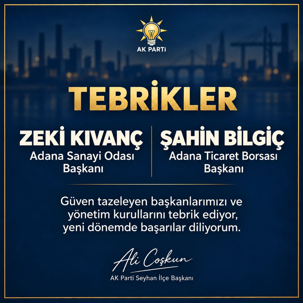 coskunali_01's tweet photo. Bugün gerçekleştirilen seçimlerde güven tazeleyen Adana Sanayi Odası Başkanı Sayın Zeki Kıvanç ve Adana Ticaret Borsası Başkanı Sayın Şahin Bilgiç ile yönetim kurullarını tebrik ediyorum.

Adana’mızın üretimine, ticaretine ve istihdamına katkı sunacak çalışmalarında başarılar diliyor; yeni dönemin şehrimiz ve iş dünyamız için hayırlı olmasını temenni ediyorum.

#GüçlüEsnafGüçlüSeyhan