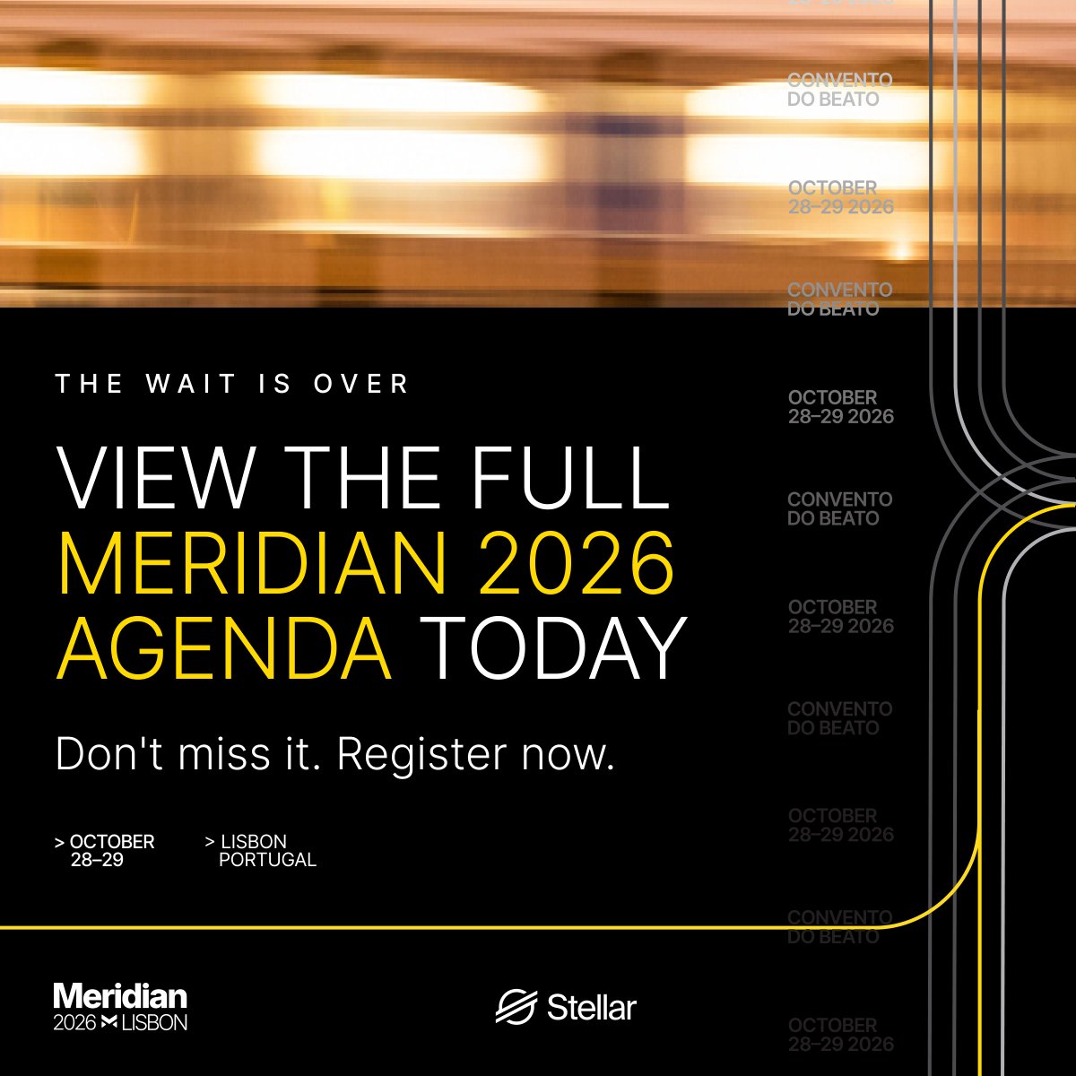 StellarOrg's tweet photo. Dare we say this year's Meridian agenda is our best yet?

Two days of conversations that bring together the biggest names in crypto, traditional finance, and beyond.

Check out the full lineup 👇 https://t.co/gfYkGSihvU