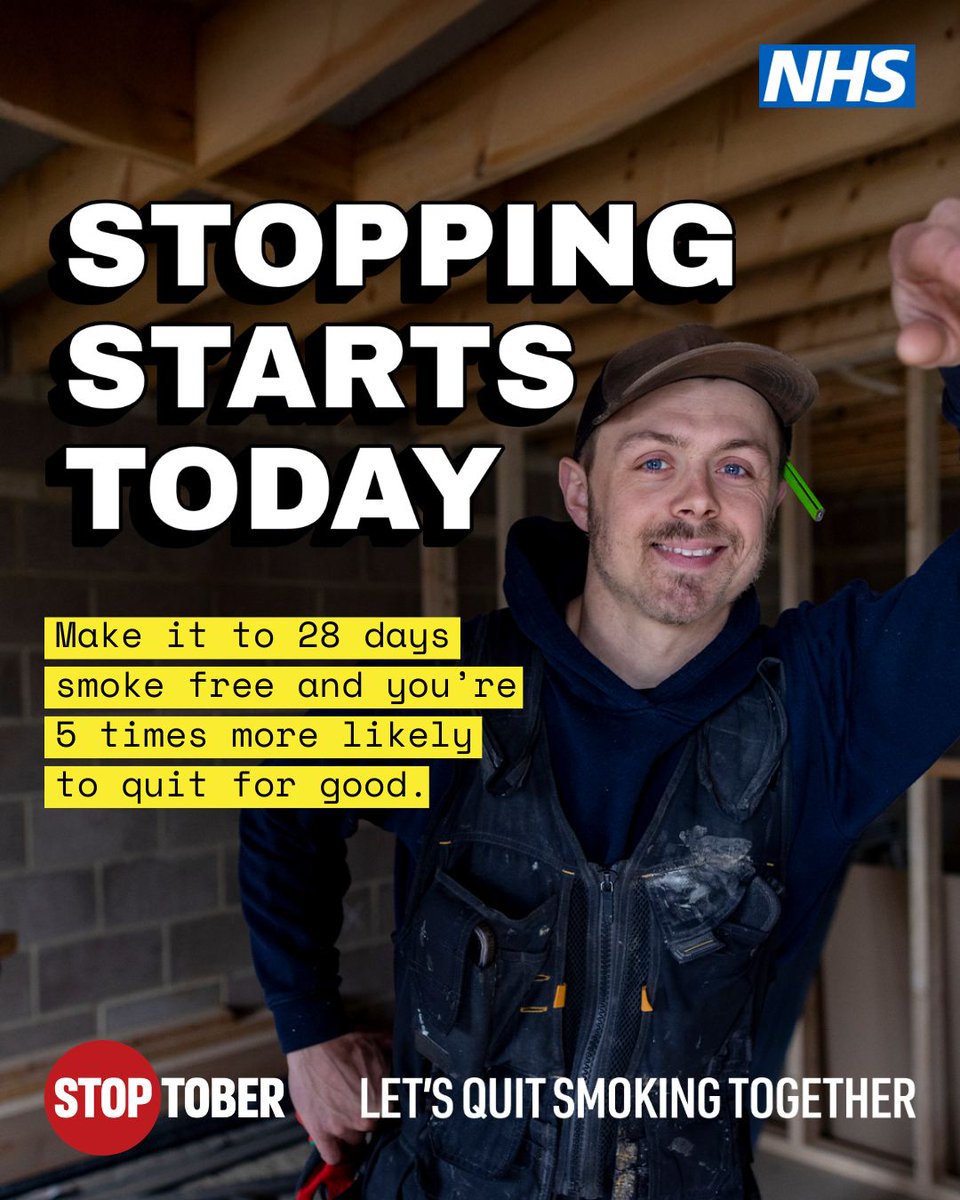 FarehamBC's tweet photo. 🚭 Stopping starts today.
If you can stay smoke free for 28 days, you're 5 times more likely to quit for good.
This #Stoptober, take the first step towards a healthier, smoke-free future. You've got this! 💪
#Stoptober #QuitSmoking #SmokeFree https://t.co/CTBTUd61WI
