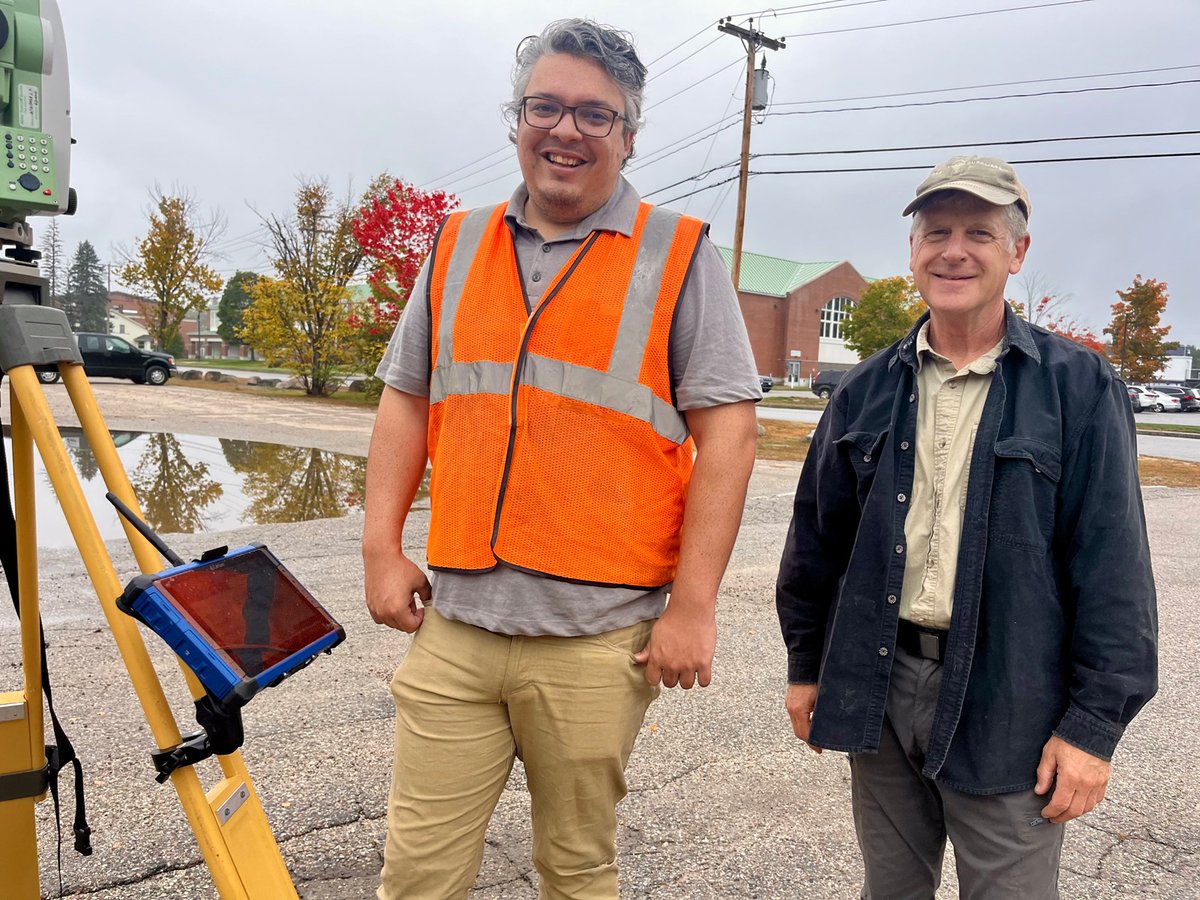 CarlsonSoftware's tweet photo. Spotted in the field!📍This week Jacob Thompson and Ken Farrar of Pine Tree Engineering of Brunswick, Maine, were using SurvPC on their Carlson RT5 for a parking lot reconstruction project. The project just happens to be located behind Carlson Editor-at-Large Karen Cummings' house, and will hopefully resolve the small lake seen in the background!