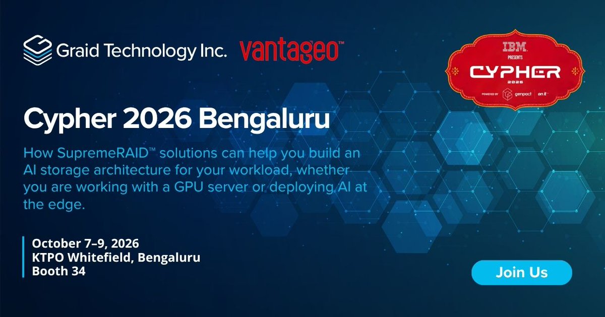 GraidTechnology's tweet photo. Join Graid Technology at Cypher 2026 in Bengaluru, October 7–9 -- BOOTH 34 -- to explore storage built for AI workloads. From local AI workloads to edge deployments, let’s talk about keeping data ready when your models need it.

Learn More:https://t.co/oDtyGxQJnR https://t.co/e1LGaXakrh