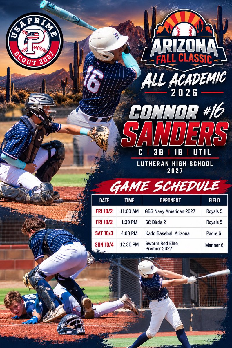 CJSanders2027's tweet photo. Ready to compete in the Arizona All Academic today and Arizona Fall Classic. Wearing number #88 in the all academic event on Mariners field 5. Wearing #16 in the games. Fall stats: Hitting .700 BA OBS .785 in fall with 9 HR’s. Pop time average 1.86. Catcher velocity 81-85. Caught stealing of 40%. utility player/switch hitter.  Can’t wait to show out this weekend! @Birchprospects @ericwdillinger @CoachScott11 @LHSparkerSports @usaprimeco @USA_PrimeBB 

https://t.co/rURzaXuUiD