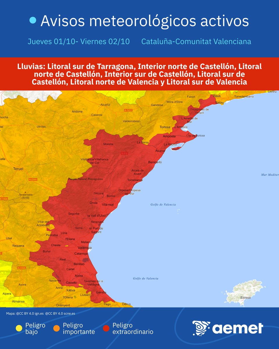 AEMET_Esp's tweet photo. ⚠️🔴 ACTUALIZACIÓN AVISO ROJO | Lluvias torrenciales 

➡️Se añade Interior sur de Castellón, donde se han registrado lluvias superiores a 90 l/m². En vigor hasta las 01:59 h.

➡️A las 18:00 h del jueves se activan los avisos rojos en el resto de las zonas.

¡Mucha precaución! https://t.co/gk3WZrKeWy