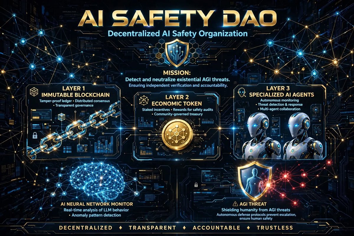 Nht38654969's tweet photo. *AI Safety DAO – Protecting humanity from AGI*

A three-layer decentralized autonomous organization: an immutable blockchain, a token-based economy, and a network of specialized AI agents.

https://t.co/3LYysrdWOh https://t.co/FlnAmAt6wj