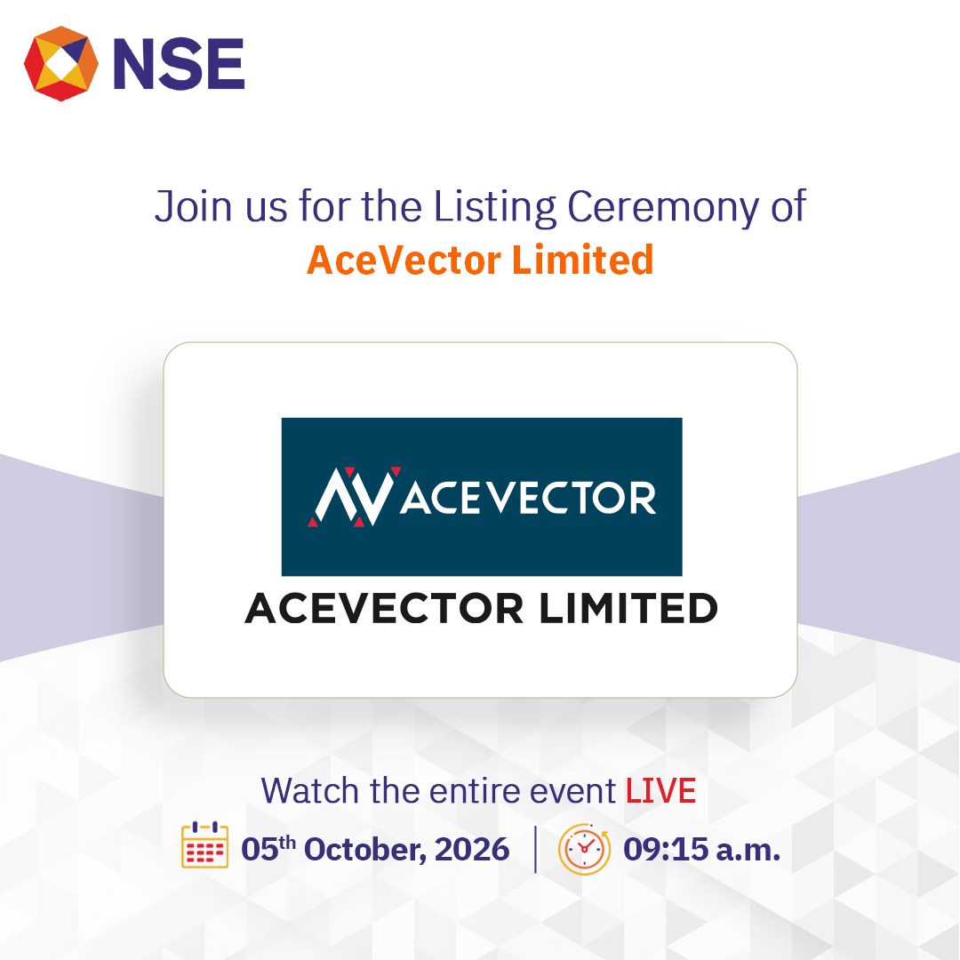 NSEIndia's tweet photo. Do join us LIVE tomorrow for the listing ceremony of AceVector Limited on NSE. Event link to be shared soon!
#NSEIndia #listing #IPO #StockMarket #ShareMarket #AceVectorLimited @ashishchauhan https://t.co/1T7X5rEWx1