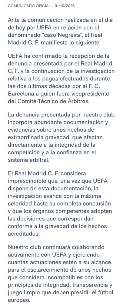 davidalvarez's tweet photo. La UEFA anuncia que ha recibido gran cantidad de documentos enviados por el Madrid sobre el caso Negreira.

La UEFA dice que los incorpora a la investigación que tenía en marcha.

El Madrid pide que "la investigación avance con la máxima celeridad hasta su completa conclusión". https://t.co/Qdz9PKuEeM