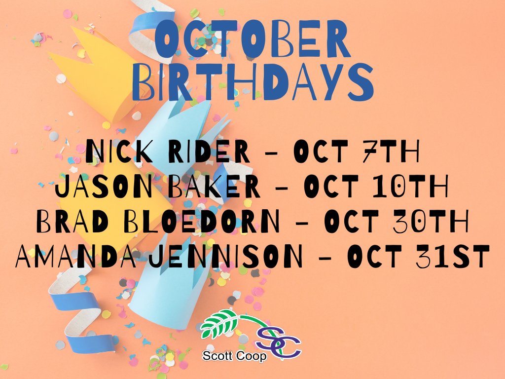 scottcoopassn's tweet photo. Happy birthday to our employees celebrating a birthday with us this month! #scottcoop https://t.co/5Qx82BOy0b