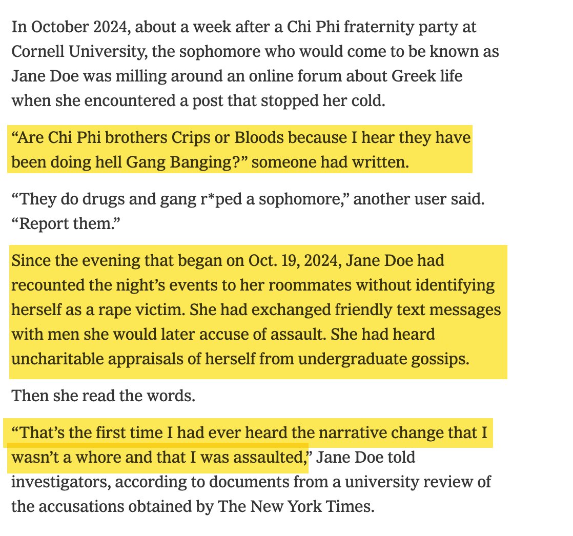 ggreenwald's tweet photo. The NYT obtained mountains of documents, emails and chats collected by Cornell as part of the Title IX investigation into the rape accusations.

There is nothing that definitively exonerates the defendants, and some scraps that can be used to convict them as part of the online mob justice trial transpiring. But it's beyond clear why prosecutors knew they could never bring criminal charges and hope to prove guilt beyond a reasonable doubt or even close: at least for many of the 7 if not all.👇