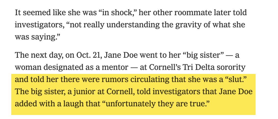 ggreenwald's tweet photo. The NYT obtained mountains of documents, emails and chats collected by Cornell as part of the Title IX investigation into the rape accusations.

There is nothing that definitively exonerates the defendants, and some scraps that can be used to convict them as part of the online mob justice trial transpiring. But it's beyond clear why prosecutors knew they could never bring criminal charges and hope to prove guilt beyond a reasonable doubt or even close: at least for many of the 7 if not all.👇