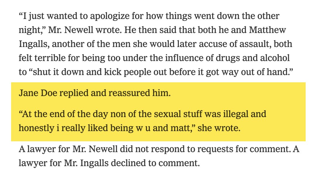 ggreenwald's tweet photo. The NYT obtained mountains of documents, emails and chats collected by Cornell as part of the Title IX investigation into the rape accusations.

There is nothing that definitively exonerates the defendants, and some scraps that can be used to convict them as part of the online mob justice trial transpiring. But it's beyond clear why prosecutors knew they could never bring criminal charges and hope to prove guilt beyond a reasonable doubt or even close: at least for many of the 7 if not all.👇