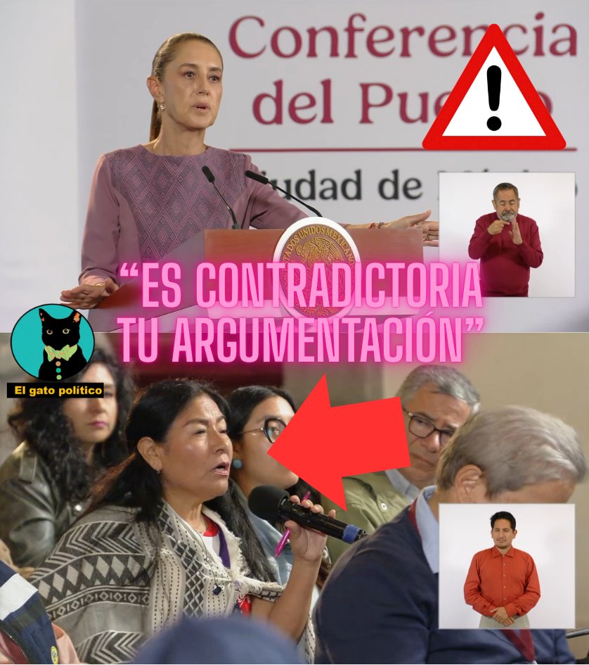 elgatopolitico_'s tweet photo. 🔴​🔴¡Tómala!
La presidenta le da clases de derecho y educa a la impresentable Reyna Haydee en plena mañanera.
A ver si con esto se le quita las ganas de ir a dar mal aspecto:

"No puede ser que tú hables de Estado de Derecho y que después digas que se detenga sin pruebas [...] es contradictoria tu argumentación, para todo tiene que haber pruebas [...] hay un sistema penal acusatorio", le dijo.
#MañaneraDelPueblo 📛📛