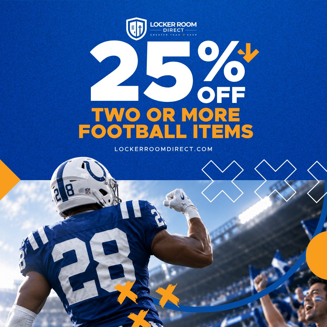 Locker_R_Direct's tweet photo. Football season savings are here! 🏈

Buy 2+ NCAA or NFL items and get 25% OFF with code FOOTBALL25 at Locker Room Direct.

Shop authentic team-issued gear while supplies last!

Ends 10/11/26. Limit 2 uses per customer. https://t.co/sSeB0srXKV https://t.co/VzLBf1DqO6