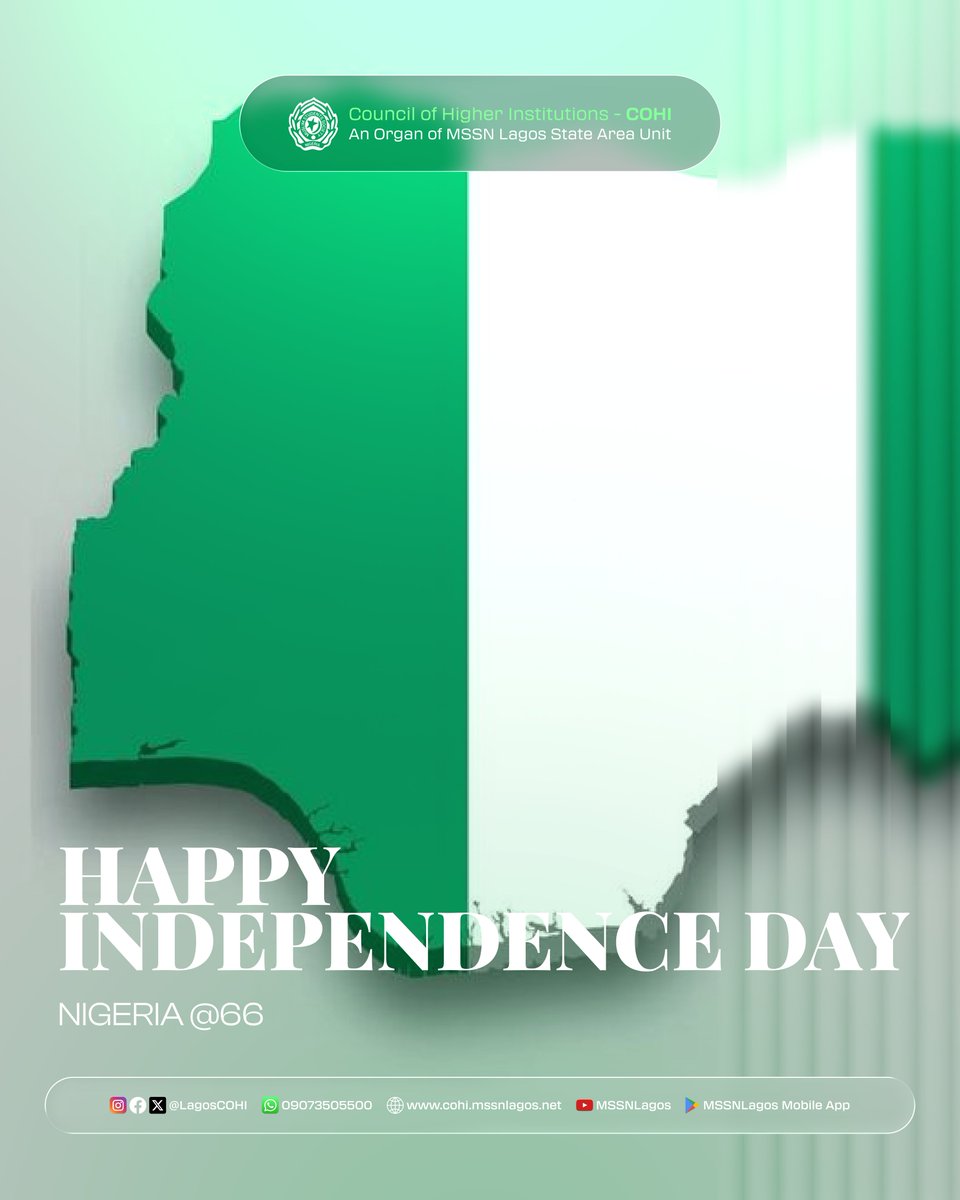 lagosCOHI's tweet photo. HAPPY INDEPENDENCE DAY, NIGERIA! 

Today, we celebrate the strength, diversity, resilience, and hope that make Nigeria our home.

As Muslim students and future leaders, we pray for a Nigeria where justice prevails, peace abounds, and every citizen has the opportunity to thrive. https://t.co/xJ515fGa5a