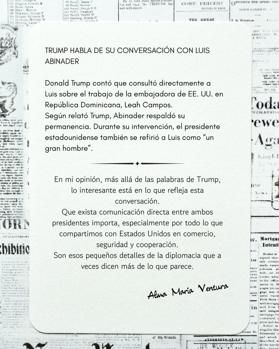 AlmaVenturaRD's tweet photo. Me llamó bastante la atención esta conversación entre Trump y Luis. A veces una pequeña anécdota deja ver mucho sobre cómo es la relación entre dos países. 🇩🇴🇺🇸

#LuisAbinader #RepúblicaDominicana https://t.co/BLsfuzDyR1