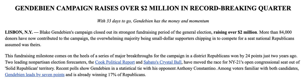 zachblackburn23's tweet photo. Starting off: Dairy farmer Blake Gendebien (D) in NY-21 announced raising more than $2 million, per a release shared with @njhotline. His campaign said 84k people have donated. He’s facing the eccentric Anthony Constantino (R) in the race to succeed Rep. Elise Stefanik (R). https://t.co/DGnP2sQUTX