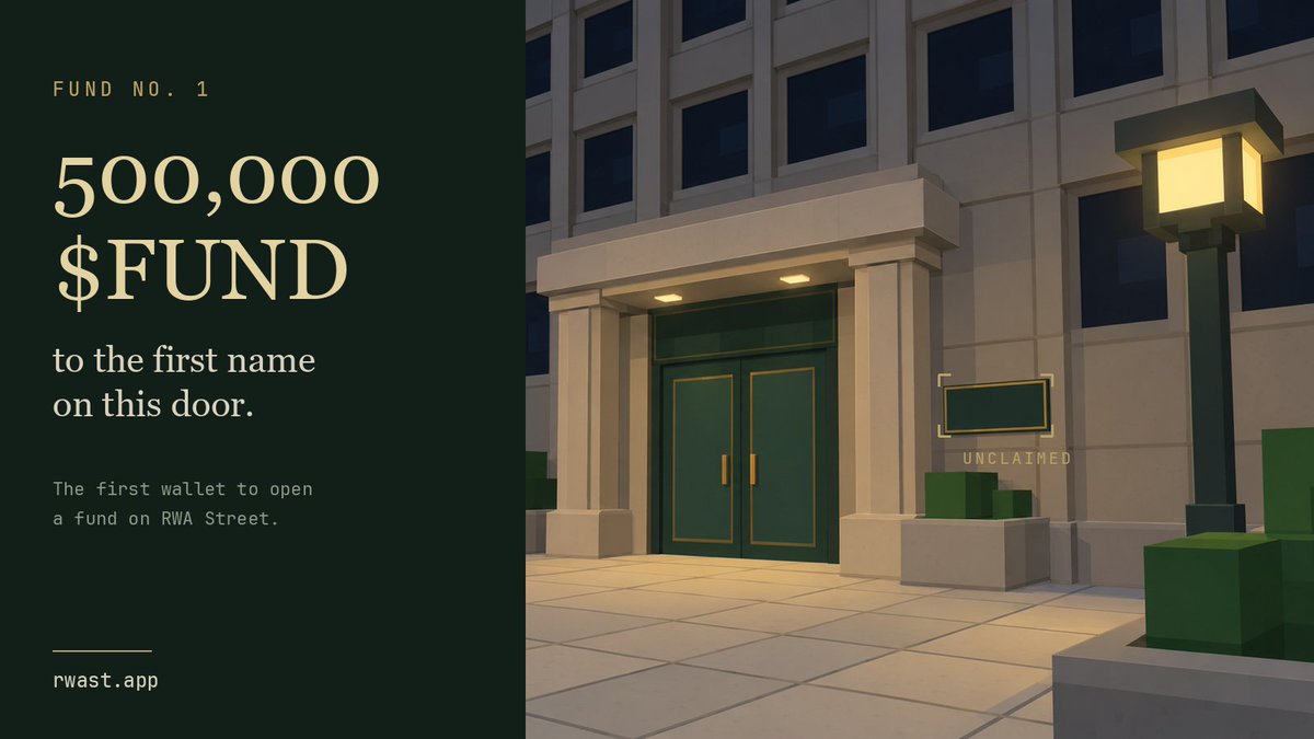 RWASTREET's tweet photo. Fund No. 1 is still unclaimed.
 
The first wallet to open a fund on RWA Street gets 500,000 $FUND. https://t.co/P8CleUVzJw