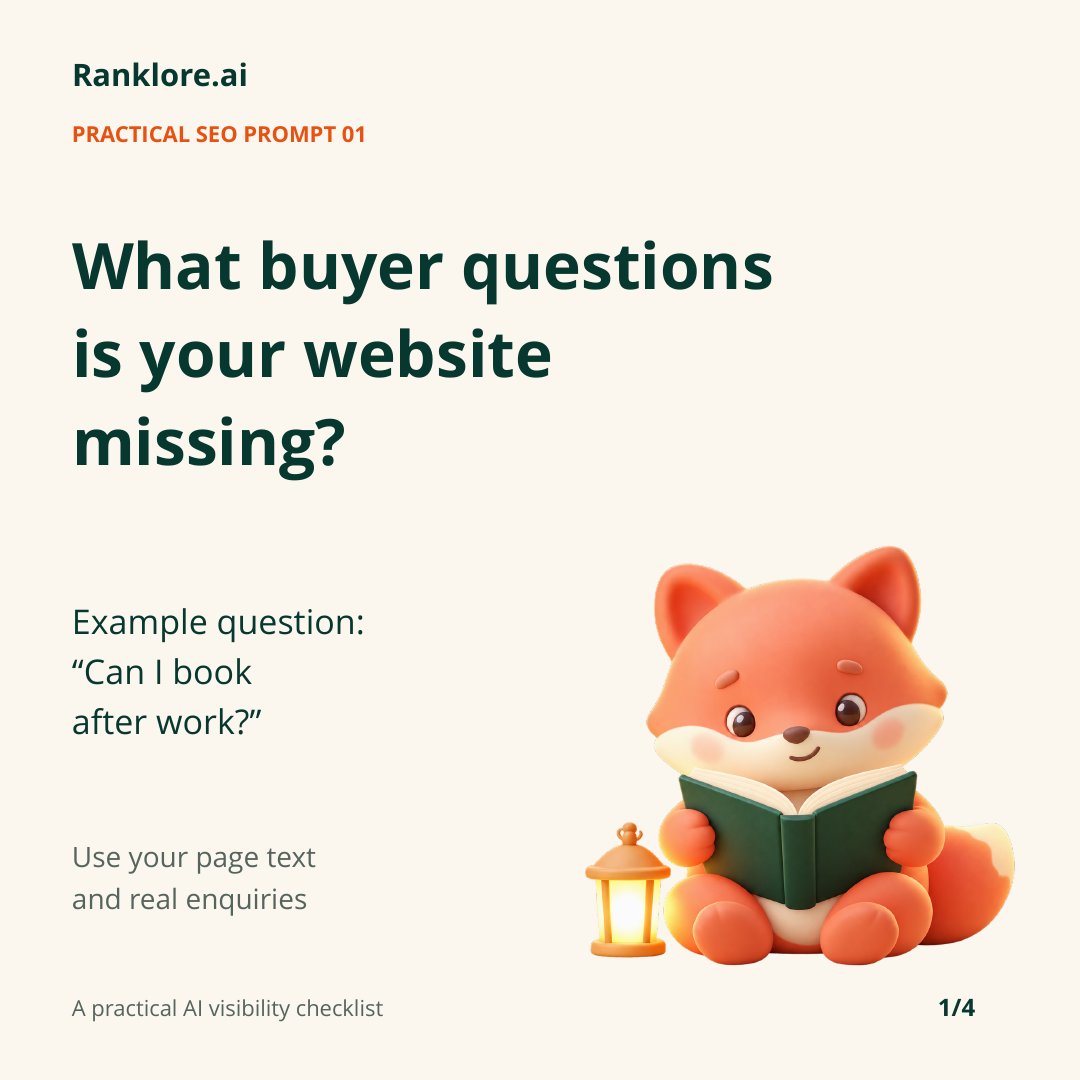 ranklore's tweet photo. Try this prompt on one service page.

Paste the page text and real customer questions. Pick one missing answer, add it where it belongs, then check every claim against your evidence.

The slides include the exact prompt, inputs and one fix to try. https://t.co/575ltdhPQD