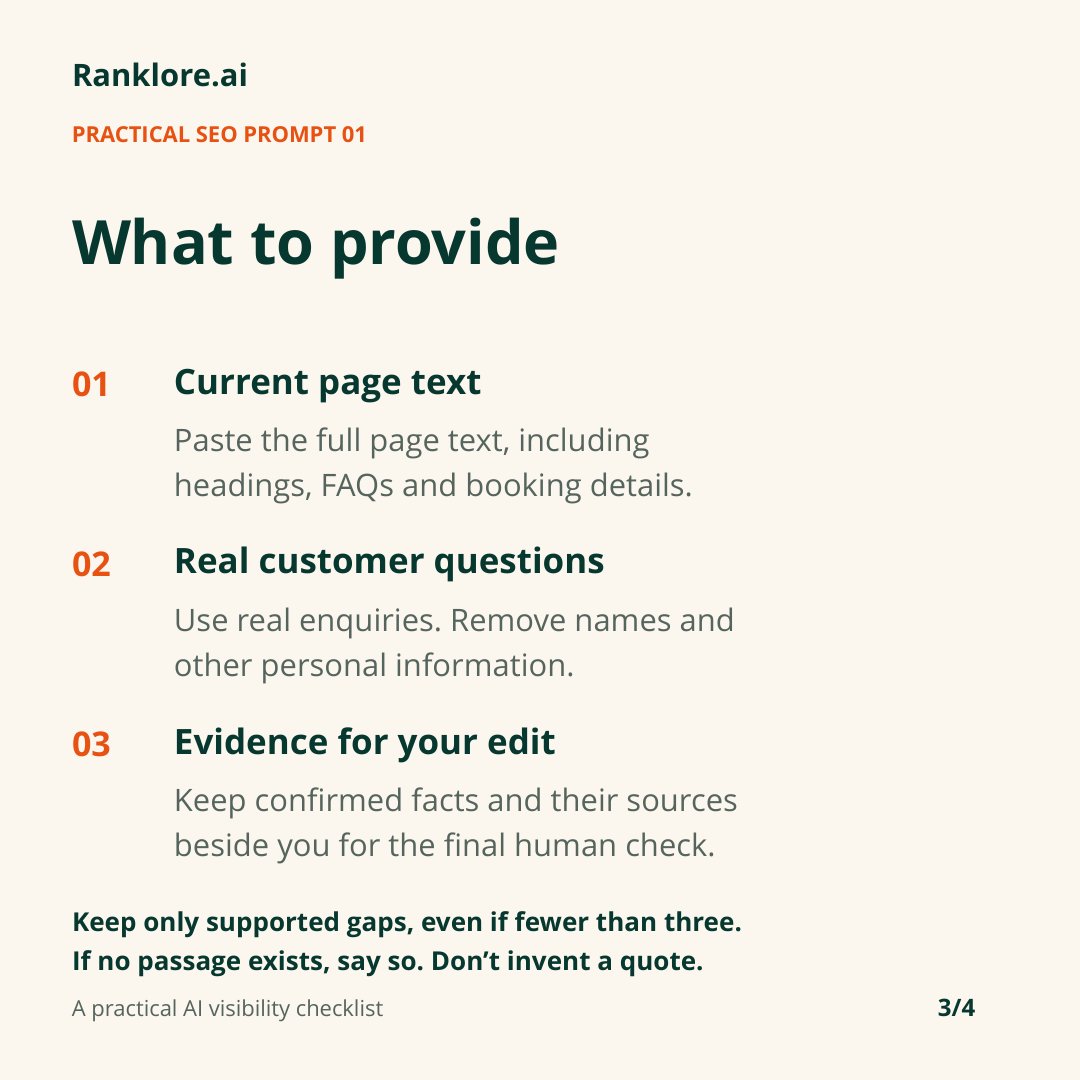 ranklore's tweet photo. Try this prompt on one service page.

Paste the page text and real customer questions. Pick one missing answer, add it where it belongs, then check every claim against your evidence.

The slides include the exact prompt, inputs and one fix to try. https://t.co/575ltdhPQD