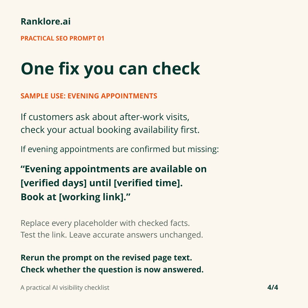 ranklore's tweet photo. Try this prompt on one service page.

Paste the page text and real customer questions. Pick one missing answer, add it where it belongs, then check every claim against your evidence.

The slides include the exact prompt, inputs and one fix to try. https://t.co/575ltdhPQD