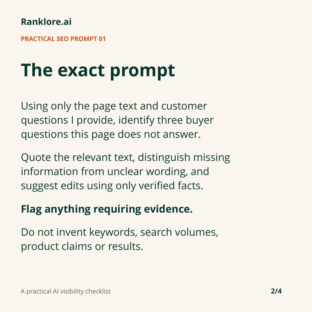 ranklore's tweet photo. Try this prompt on one service page.

Paste the page text and real customer questions. Pick one missing answer, add it where it belongs, then check every claim against your evidence.

The slides include the exact prompt, inputs and one fix to try. https://t.co/575ltdhPQD