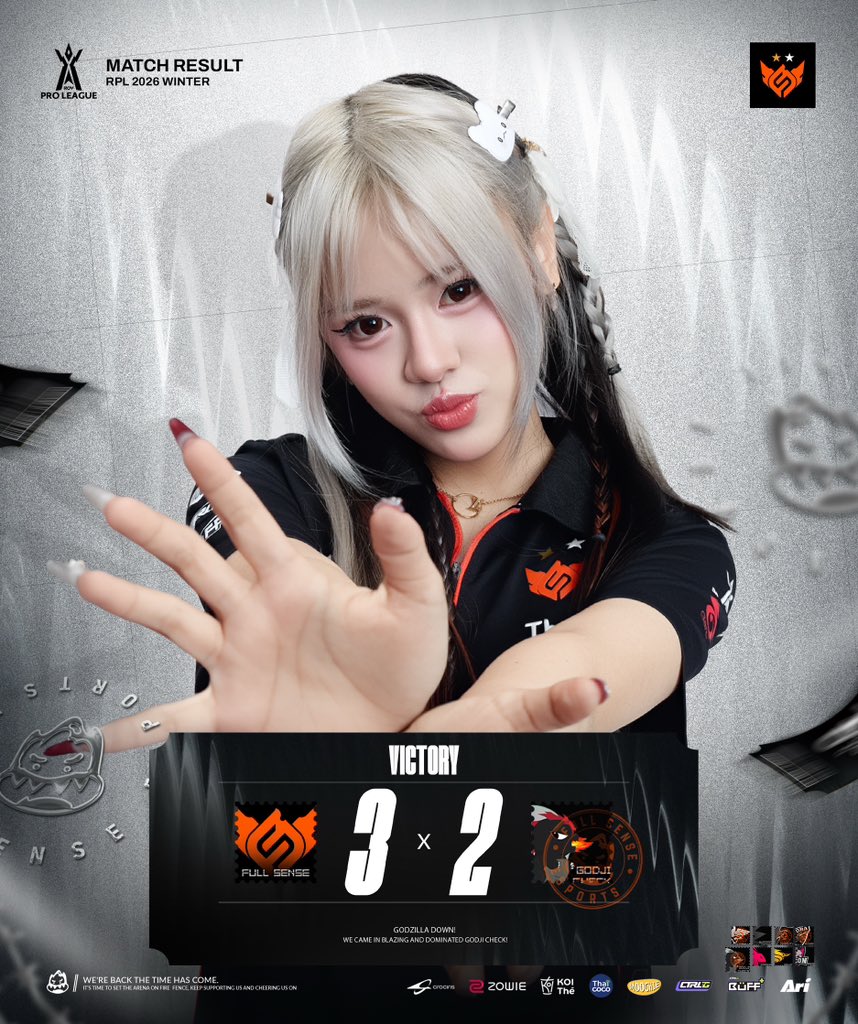 fullsense_gg's tweet photo. Result RPL 2026 WINTER : Group Stage 2nd Leg
GODZILLA DOWN! 🦖 We came in blazing and dominated GODJI CHECK! 🧡
#FULLSENSE #FSRoV #FSFLYHIGH #RPL2026Winter #CROCIRIS #ZOWIE #KOITheThailand #ไทยโคโค่ #moochiepetfood #CtrlG #CtrlGBuFF #Ari https://t.co/uc6nuAq4wE