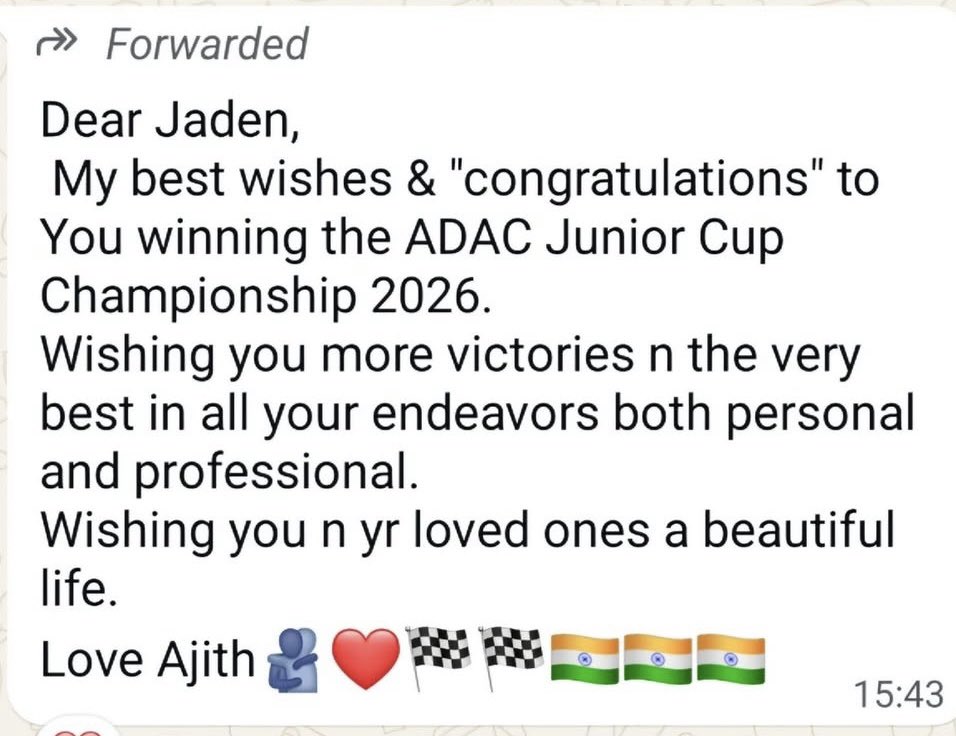 TFC_mass's tweet photo. Ajith sir wished Champion Jaden on his winning of ADAC junior cup Championship 2026 ❤💥💥

#AjithKumar https://t.co/abXMr8VHHQ
