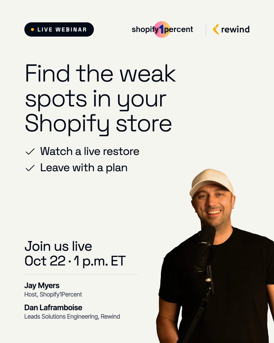 rewind's tweet photo. BFCM is weeks away. How ready is your Shopify store?  

On October 22, Jay Myers from Shopify1Percent and Dan Laframboise from Rewind are going live to help you find out. In 45 minutes, you'll:   

✅ Score your store with a 10-question assessment 
✅ Watch a real store restore happen live  
✅ Leave with a 10-day plan to finish before November 1  

Free to attend. Can't make it live? Register anyway, and we'll send you the recording, the worksheet, and the 10-point BFCM checklist.   

📅 Thursday, October 22 | 1 p.m. ET    

👉Save your seat: https://t.co/Mv50iQDDdh